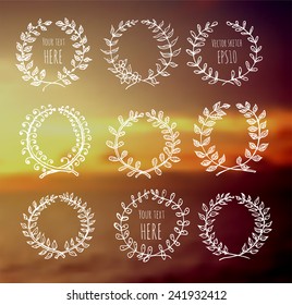 Circle floral borders on blurred background. Hand-drawn sketch frames. Vector illustration. 