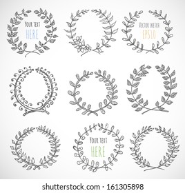 Circle floral borders. Sketch frames, hand-drawn with ink. Vector illustration.