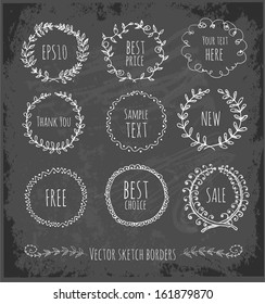 Circle floral borders. Sketch frames on blackboard. Vector illustration. 