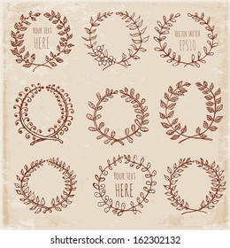 Circle floral borders. Sketch frames, hand-drawn with ink. Vector illustration. 