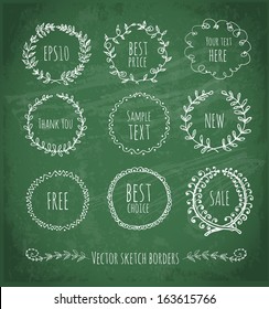 Circle floral borders. Sketch frames, hand-drawn on green chalckboard Vector illustration. 