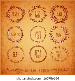 Circle floral borders. Sketch frames, hand-drawn with ink in vintage style. Vector illustration. 