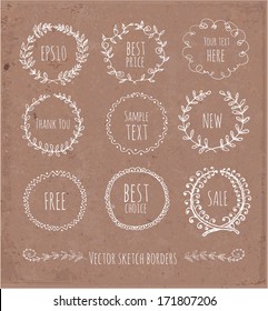 Circle floral borders. Sketch frames, hand-drawn on brown paper. Vector illustration. 