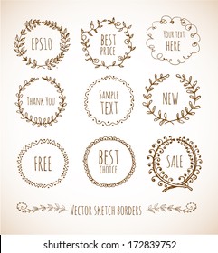 Circle floral borders. Sketch frames, hand-drawn in vintage style. Vector illustration. 