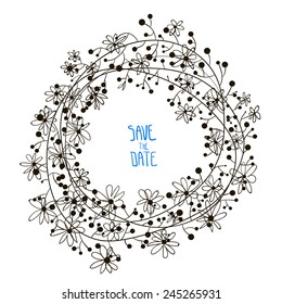 Circle floral borders. Sketch frames, hand-drawn with ink. Vector illustration.