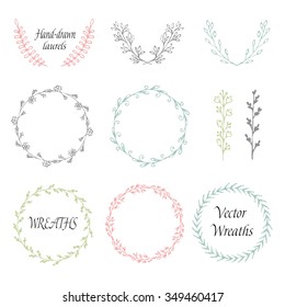 Circle floral borders, wreaths, frames. Sketch elements, hand-drawn with ink. Hand-drawn frames/wreaths