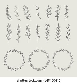Circle floral borders, wreaths, frames. Vecto flowers, plants. Sketch elements, hand-drawn with ink