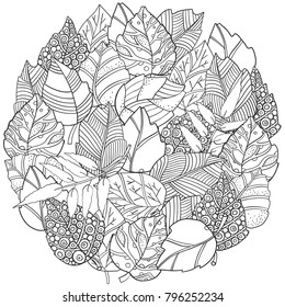 Circle floral doodle background pattern in vector with autumn leaves.  Design Asian, zentangle, memphis pattern. Black and white Coloring book. Monochrome.