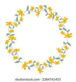 Circle floral draw frame vector illustration. Hand drawn doodle yellow flowers. Color Floral border.
