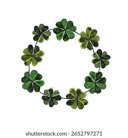 Circle floral frame with colorful Clover leaves on white background. Ornate border St Patrick's day. Vector hand drawn illustration for wallpaper, posters, card.  Doodle style. Copy space.