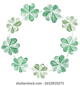 Circle floral frame with colorful Clover leaves on white background. Ornate border St Patrick's day. Vector hand drawn illustration for wallpaper, posters, card. Doodle style. Copy space.