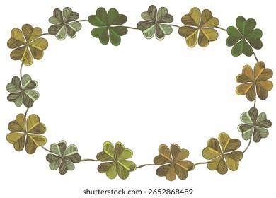 Circular quadro floral com folhas coloridas do trevo no fundo branco. Ornate fronteira dia de São Patrício. Ilustração desenhada à mão vetor para papel de parede, cartazes, cartão. Estilo Doodle. Copiar espaço.