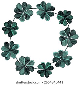 Circle floral frame with colorful Clover leaves on white background. Ornate border St Patrick's day. Vector hand drawn illustration for wallpaper, posters, card. Doodle style. Copy space.