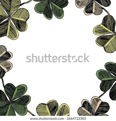 Circle floral frame with colorful Clover leaves on white background. Ornate border St Patrick's day. Vector hand drawn illustration for wallpaper, posters, card. Doodle style. Copy space.