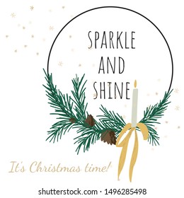 Circle floral frame with Greeting text for Christmas. Elegant minimalistic and drawn vector illustration for greeting cards or merchandising products.