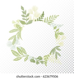 Marco floral circular con ramas dibujadas a mano y decoración de hojas. Borde botánico verde redondo para el diseño de tarjetas. Fondo transparente