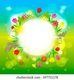 A circle floral frame on a colored background with luminous particles and a place for text. For invitations, congratulations, cards, postcards. Vector illustration.