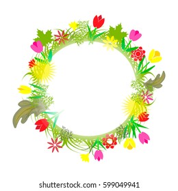A circle floral frame on a white background with  place for text. For invitations, congratulations, cards, postcards. Vector illustration.