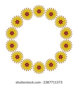 Circle floral Frame, vector illustration. Hand drawn yellow flowers. Color Floral border.