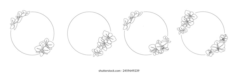 Circle floral frames vector. Elegant single line orchids design elements set for greeting cards or banners