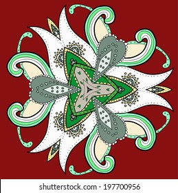 Circle floral indian vector colored pattern on red background
