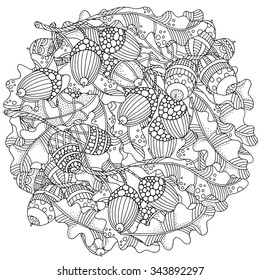 Circle floral ornament.  Artistically hand drawn acorns and oak leaves  in vector. Ethnic, floral, doodle, zentangle design elements.  Black and white. Made by trace from sketch. For coloring book.