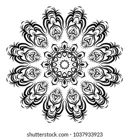 Circle floral ornament. Flower mandala. Vector illustration, black and white color