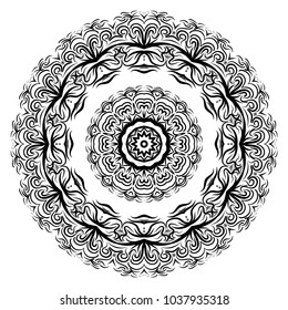 Circle floral ornament. Flower mandala. Vector illustration, black and white color