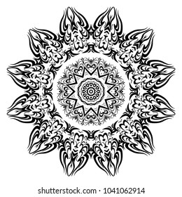 Circle floral ornament. Flower mandala. Vector illustration, black and white color
