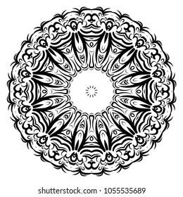 Circle floral ornament. Flower mandala. Vector illustration, black and white color