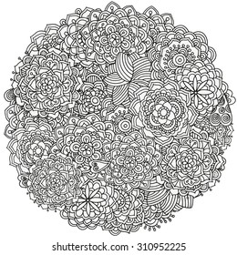  Circle floral ornament. Hand drawn art mandala.  Made by trace from sketch. Ink pen. Black and white background. Zentangle patters.