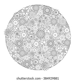Circle floral ornament. Hand drawn art mandala. Imitation of ink pen. Zentangle patters. Coloring book for grown up and adult. Flower drawing for stress relief, relaxation, meditation and creativity. 
