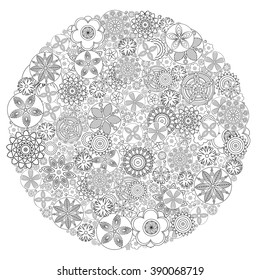 Circle floral ornament. Hand drawn art mandala. Imitation of ink pen. Zentangle patters. Coloring book for grown up and adult. Flower drawing for stress relief, relaxation, meditation and creativity. 