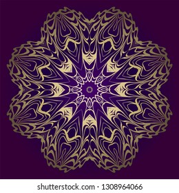 Circle Floral Pattern. Hand Draw Mandala. Decorative Elements. Vector Illustration. Anti-Stress Therapy Pattern. Purple, gold color.