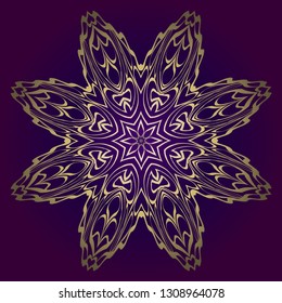 Circle Floral Pattern. Hand Draw Mandala. Decorative Elements. Vector Illustration. Anti-Stress Therapy Pattern. Purple, gold color.
