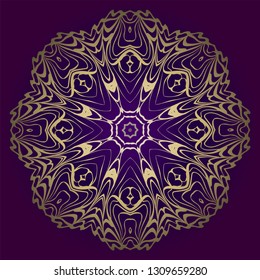 Circle Floral Pattern. Hand Draw Mandala. Decorative Elements. Vector Illustration. Anti-Stress Therapy Pattern. Purple, gold color.