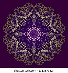 Circle Floral Pattern. Hand Draw Mandala. Decorative Elements. Vector Illustration. Anti-Stress Therapy Pattern. Purple, gold color.
