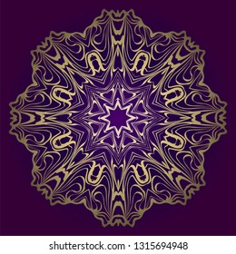 Circle Floral Pattern. Hand Draw Mandala. Decorative Elements. Vector Illustration. Anti-Stress Therapy Pattern. Purple, gold color.