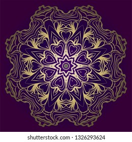 Circle Floral Pattern. Hand Draw Mandala. Decorative Elements. Vector Illustration. Anti-Stress Therapy Pattern. Purple, gold color.