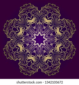 Circle Floral Pattern. Hand Draw Mandala. Decorative Elements. Vector Illustration. Anti-Stress Therapy Pattern. Purple, gold color.