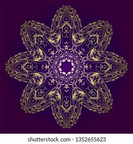 Circle Floral Pattern. Hand Draw Mandala. Decorative Elements. Vector Illustration. Anti-Stress Therapy Pattern. Purple, gold color.