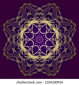 Circle Floral Pattern. Hand Draw Mandala. Decorative Elements. Vector Illustration. Anti-Stress Therapy Pattern. Purple, gold color.