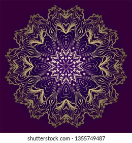 Circle Floral Pattern. Hand Draw Mandala. Decorative Elements. Vector Illustration. Anti-Stress Therapy Pattern. Purple, gold color.