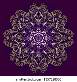 Circle Floral Pattern. Hand Draw Mandala. Decorative Elements. Vector Illustration. Anti-Stress Therapy Pattern. Purple, gold color.