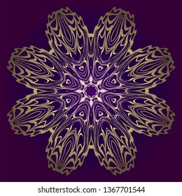 Circle Floral Pattern. Hand Draw Mandala. Decorative Elements. Vector Illustration. Anti-Stress Therapy Pattern. Purple, gold color.