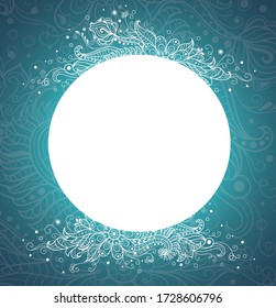 Circle with floral pattern on the blue background. Vector floral frame. 