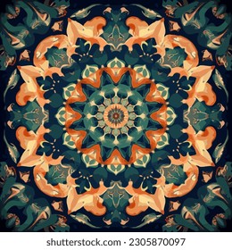 Circle floral pattern. Symmetrical seamless pattern. Abstract art graphic line flower. Ornate elegant luxury vintage retro modern style. For texture textile background backdrop tile wallpaper.