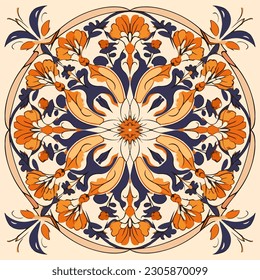 Circle floral pattern. Symmetrical seamless pattern. Abstract art graphic line flower. Ornate elegant luxury vintage retro modern style. For texture textile background backdrop tile wallpaper.