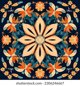 Circle floral pattern. Symmetrical seamless pattern. Abstract art graphic line flower. Ornate elegant luxury vintage retro modern style. For texture textile background backdrop tile wallpaper.