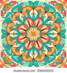 Circle floral pattern. Symmetrical seamless pattern. Abstract art graphic line flower. Ornate elegant luxury vintage retro modern style. For texture textile background backdrop tile wallpaper.